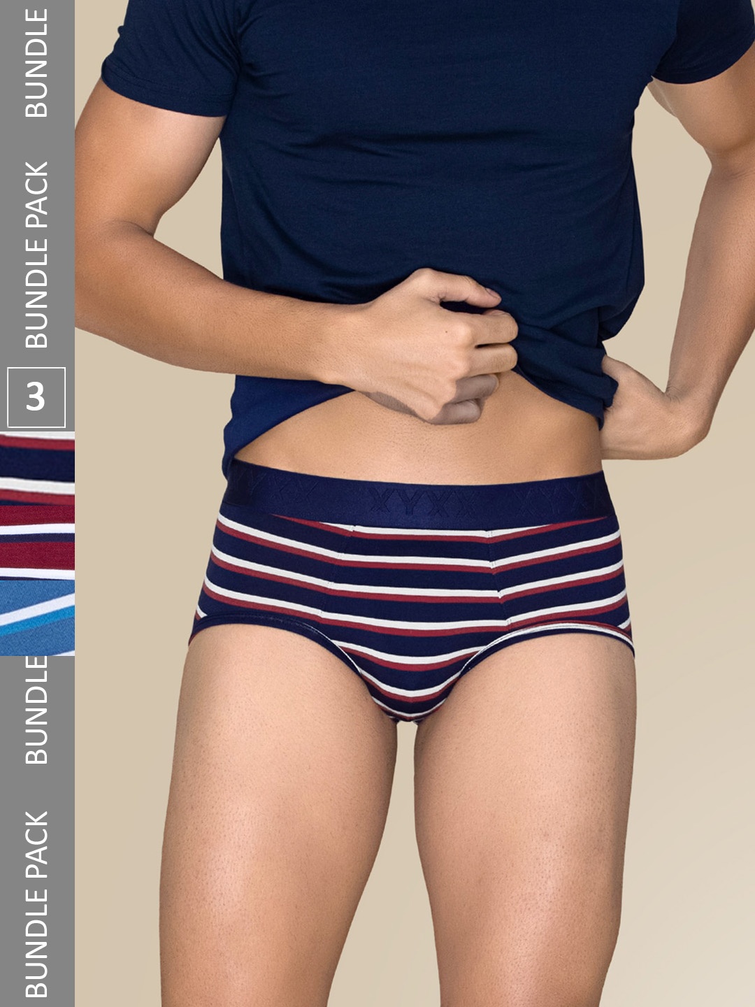 

XYXX Men Pack of 3 Striped Linea Micro Modal Basic Briefs XYBRF3PCKN939, Blue