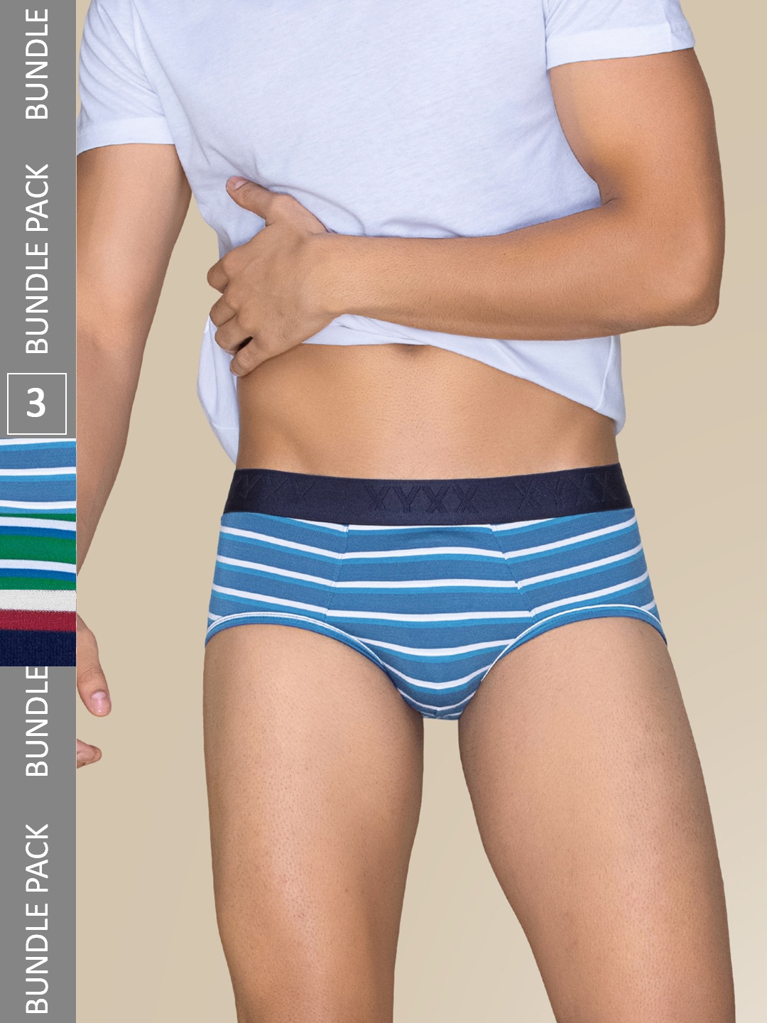 

XYXX Men Pack Of 3 Striped Linea Micro Modal Basic Briefs XYBRF3PCKN941, Navy blue