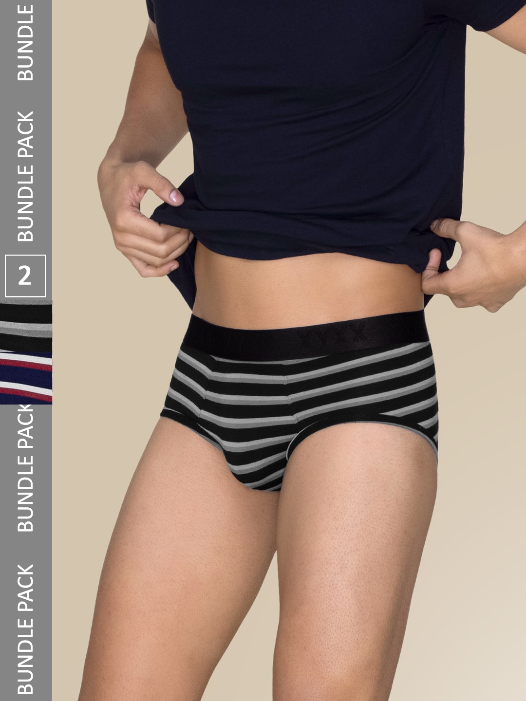 

XYXX Men Pack of 2 Cotton Striped Linea Basic Briefs XYBRF2PCKN723, Black