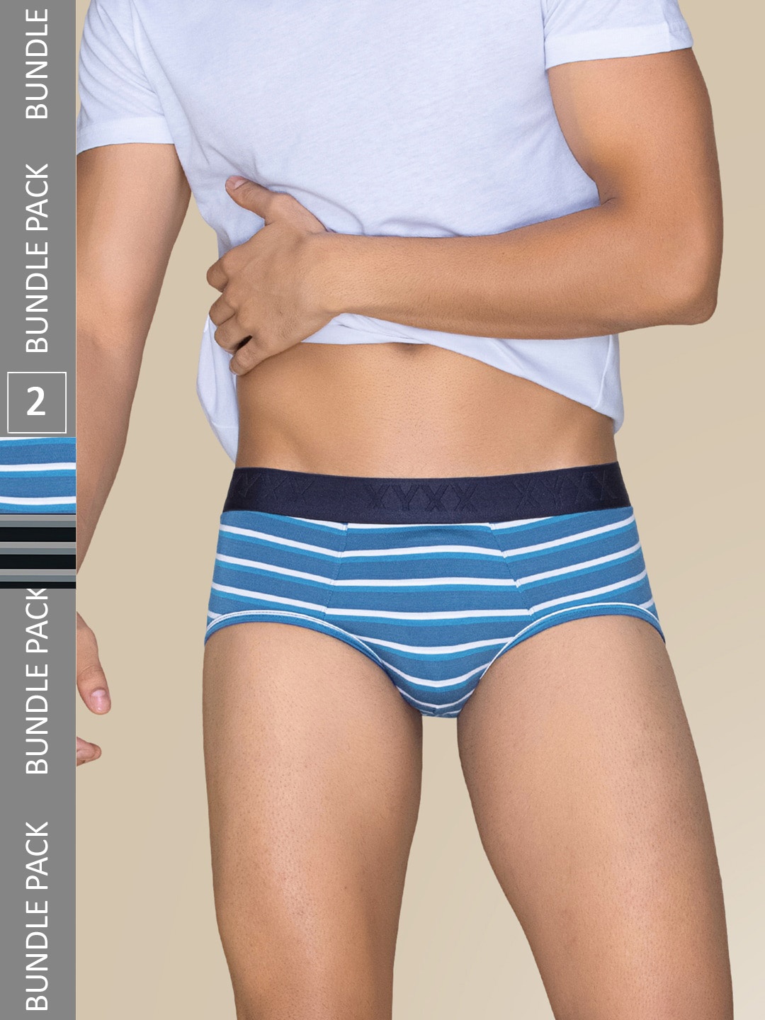 

XYXX Men Pack of 2 Cotton Striped Linea Micro Modal Basic Briefs XYBRF2PCKN729, Blue