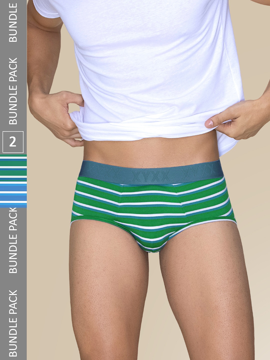 

XYXX Men Pack of 2 Cotton Striped Linea Micro Modal Basic Briefs XYBRF2PCKN727, Green