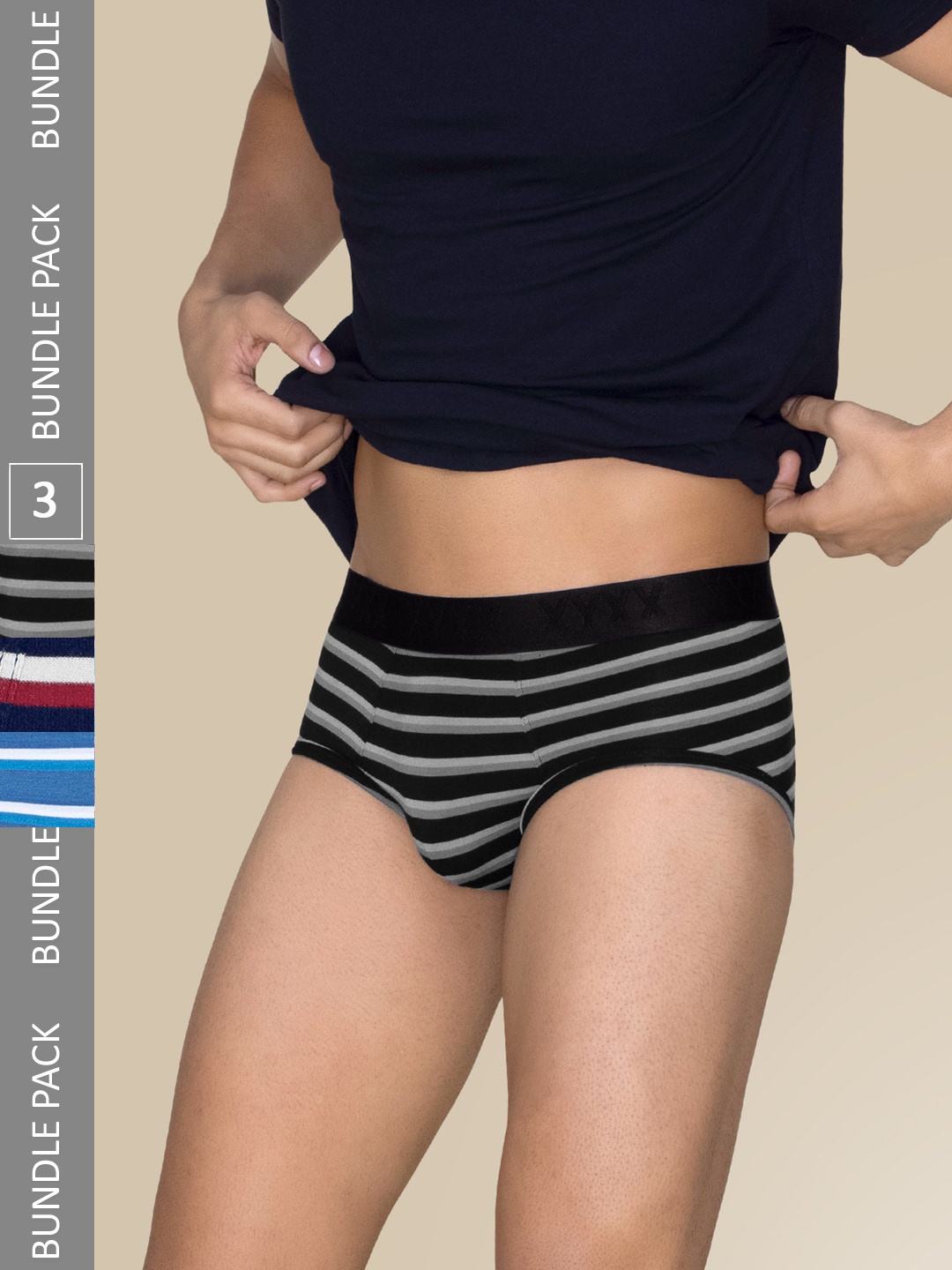 

XYXX Men Pack of 3 Cotton Striped Linea Micro Modal Basic Briefs XYBRF3PCKN943, Blue
