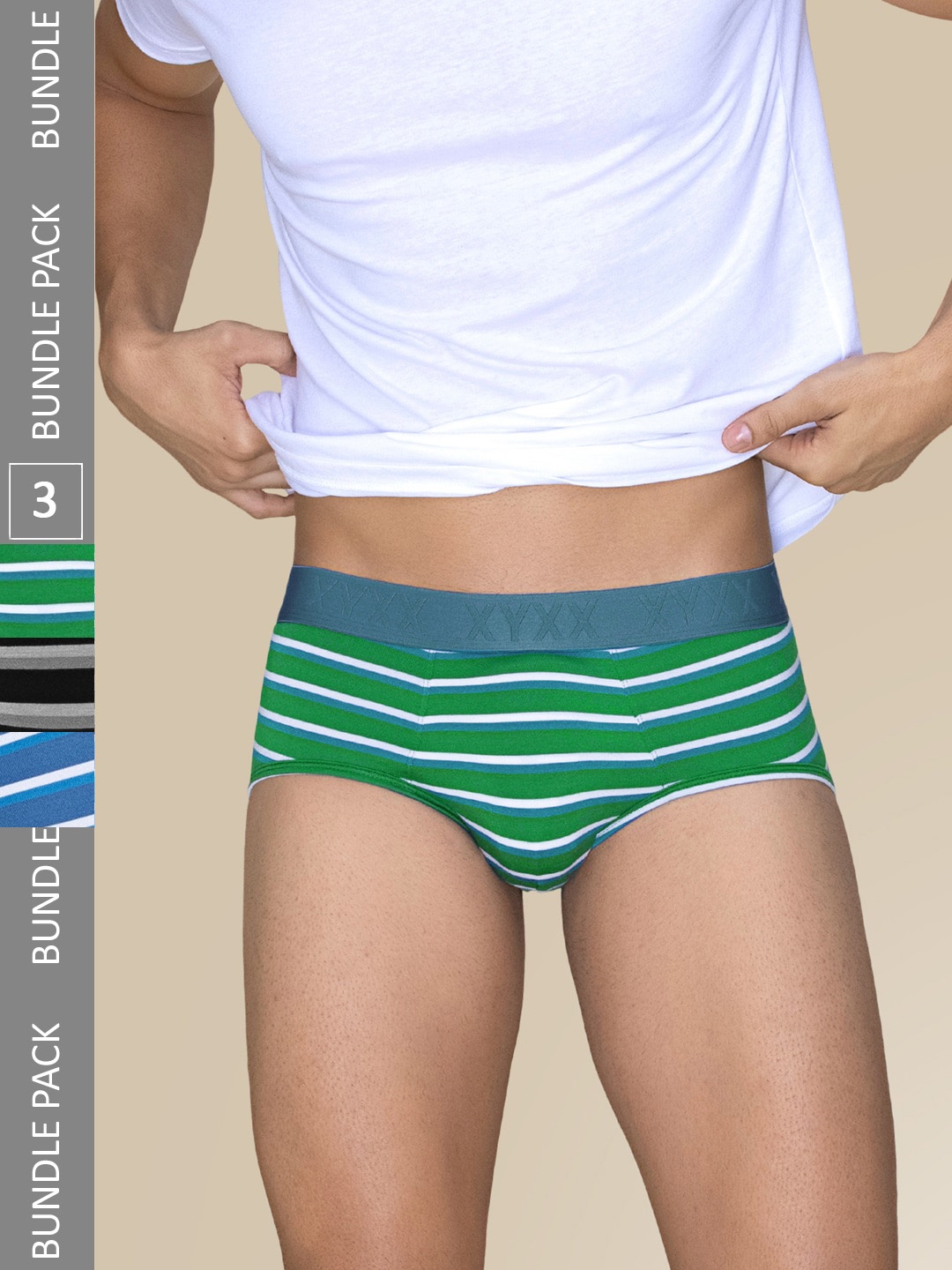 

XYXX Men Pack Of 3 Striped Linea Micro Modal Basic Briefs XYBRF3PCKN947, Green