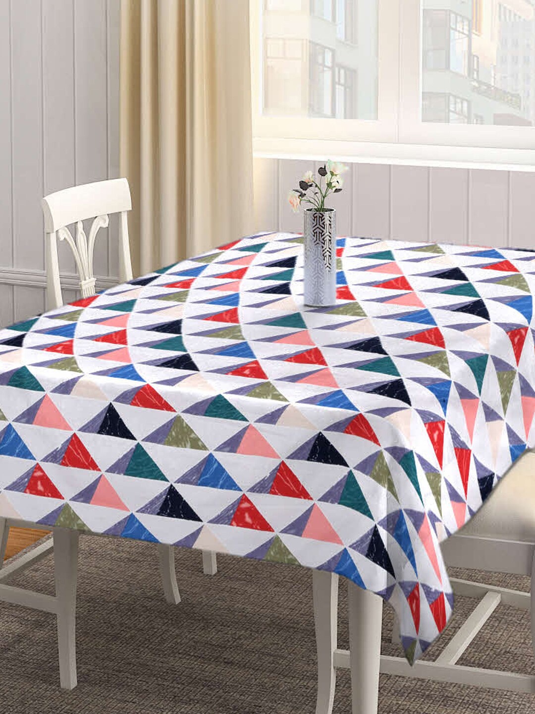 

FABINALIV Blue & Red Geometric Printed 300 TC 6 Seater Table Cover
