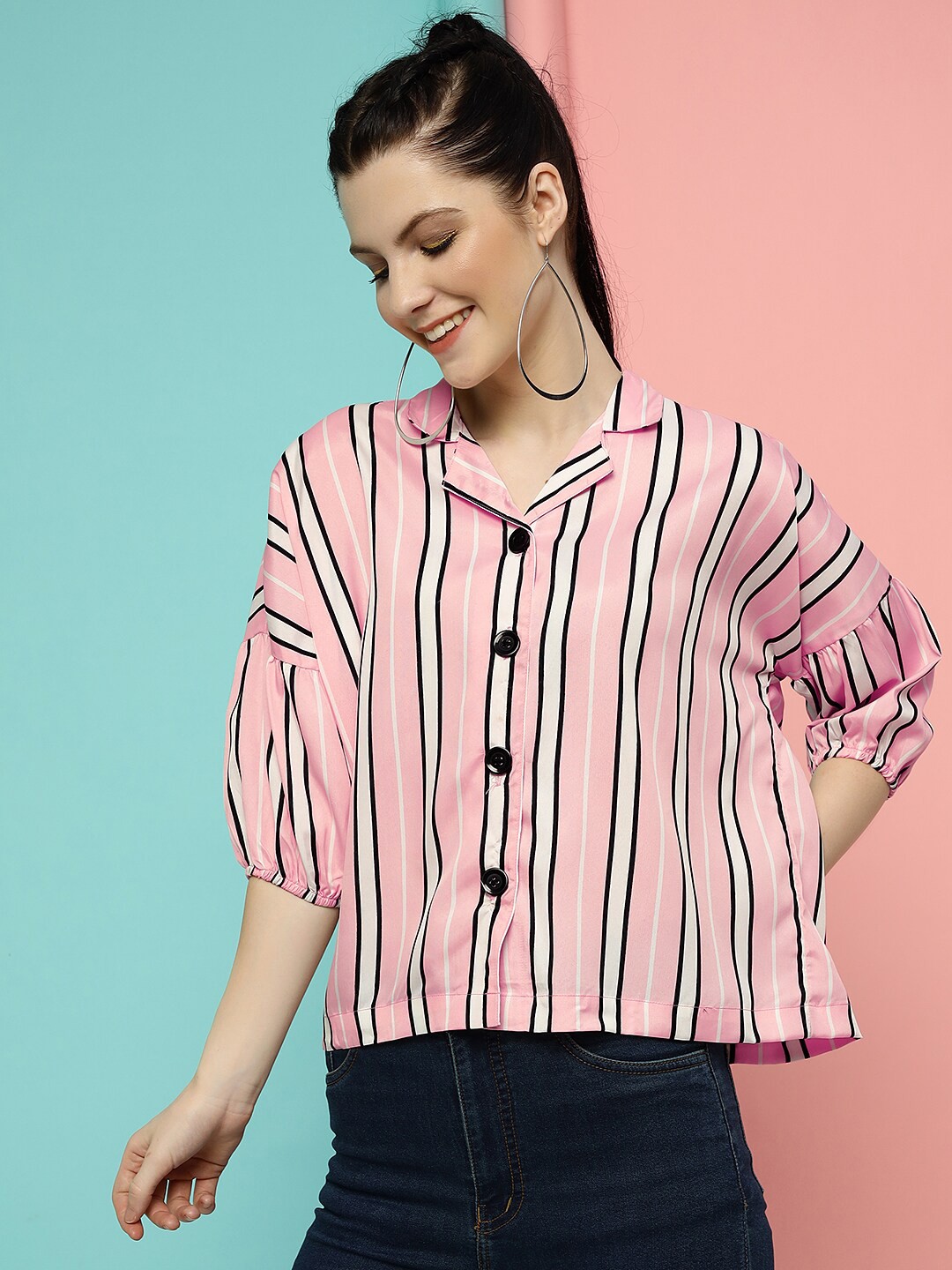 

J Turritopsis Classic Boxy Opaque Drop-Shoulder Striped Casual Shirt, Pink