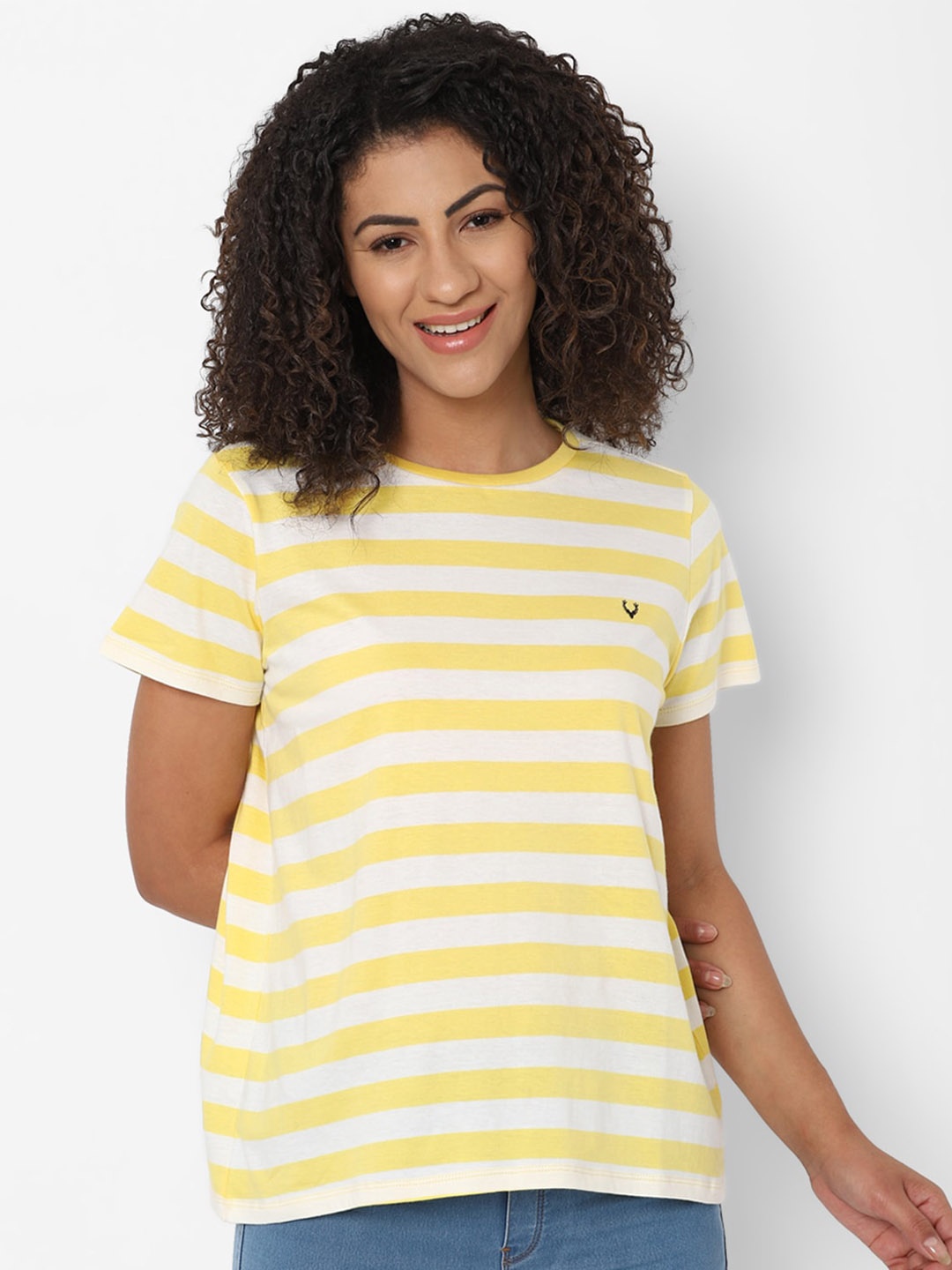 

Allen Solly Woman Striped Casual Cotton T-shirt, Yellow