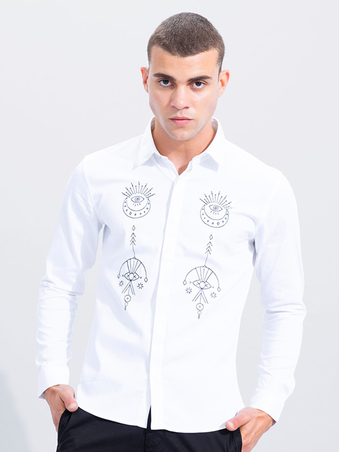 

Snitch Floral Embroidered Slim Fit Comfort Cotton Casual Shirt, White