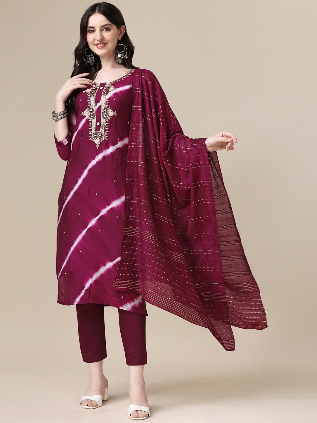 

Berrylicious Leheriya Dyed Beads & Stones Chanderi Cotton Kurta with Trousers & Dupatta, Magenta