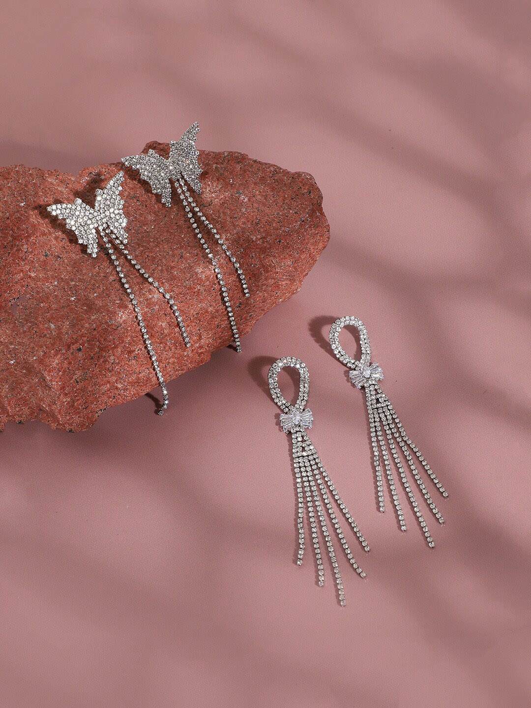 

SOHI Set Of 2 Silver-Plated Contemporary Stone Studded Drop Earrings