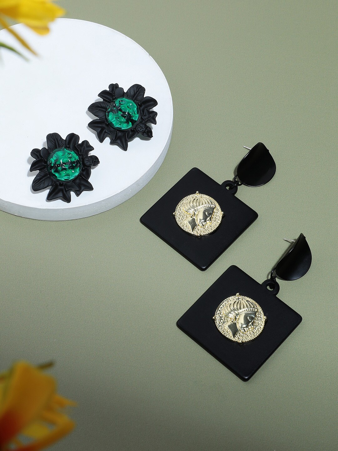 

SOHI Set Of 2 Contemporary Stone Studded Drop Earrings, Black
