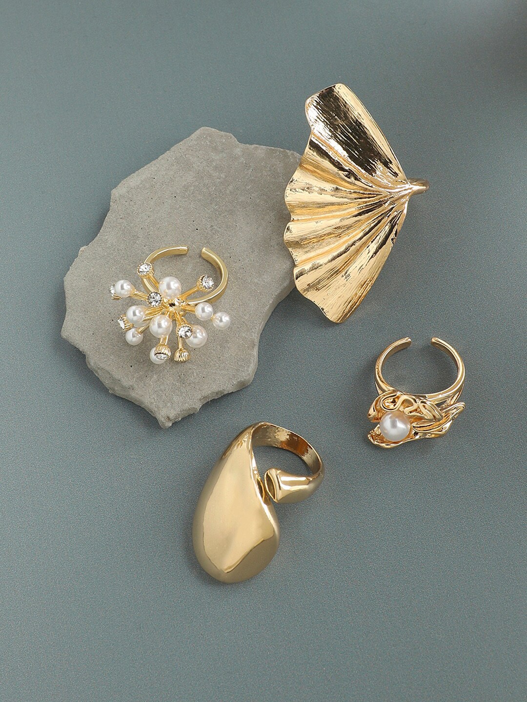 

SOHI Set Of 4 Gold-Plated Artificial Beads Studded Rings