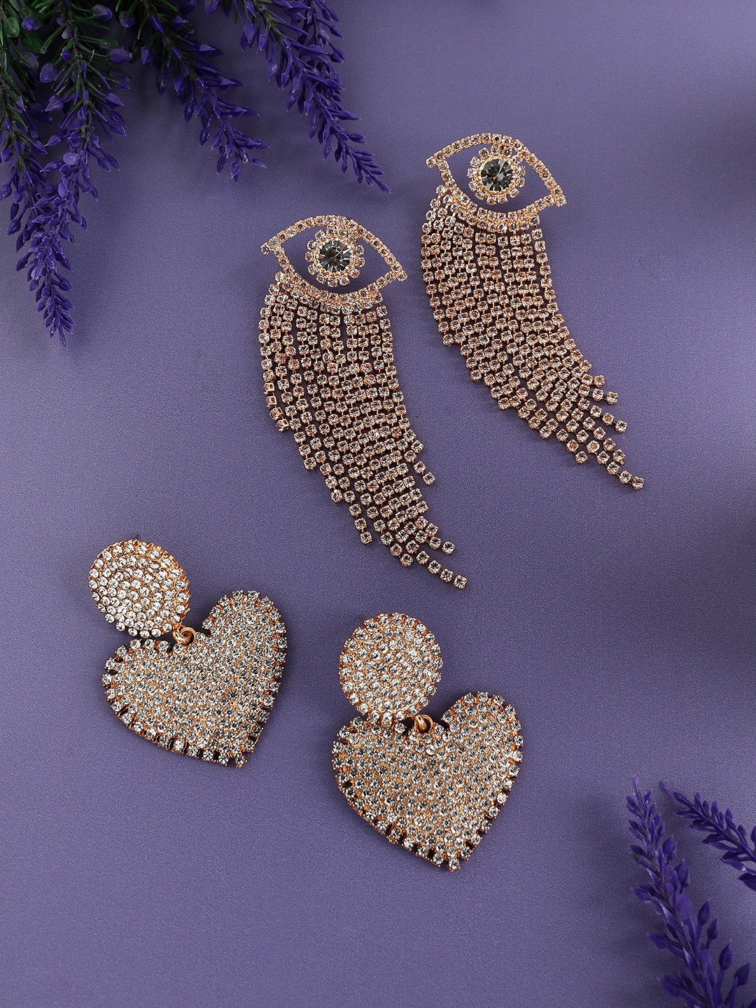 

SOHI Set Of 2 Gold-Plated Contemporary Stone Studded Drop Earrings