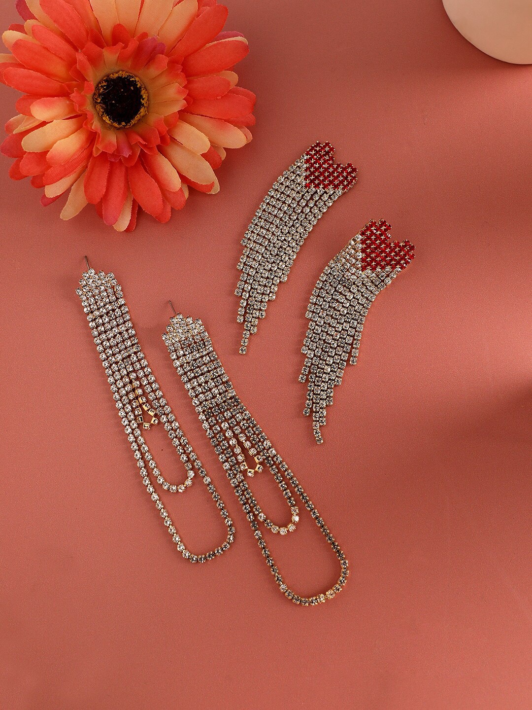 

SOHI Set Of 2 Gold-Plated Contemporary Stone Studded Drop Earrings