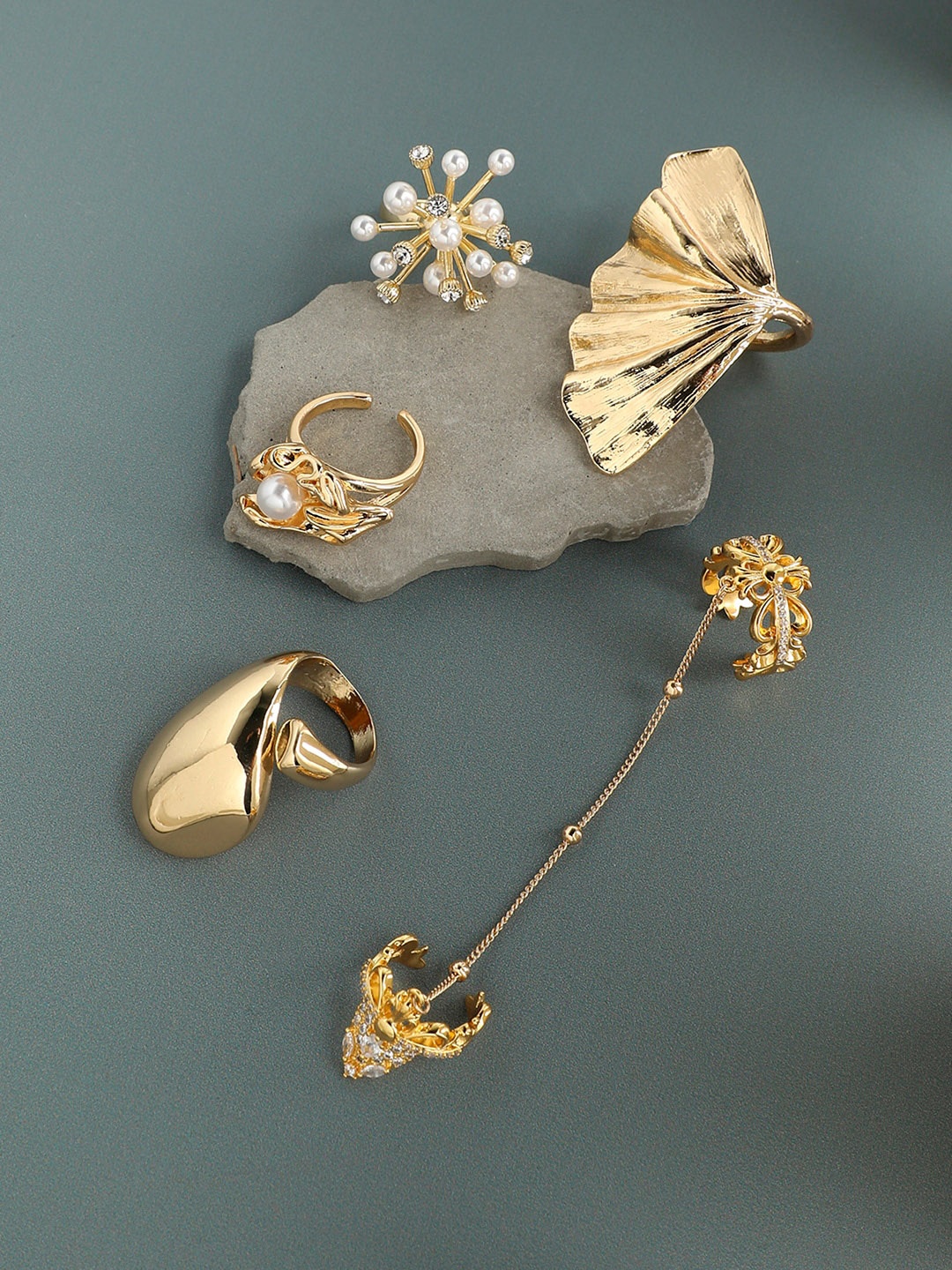 

SOHI Set Of 5 Gold-Plated & Artificial-Studded Adjustable Finger Ring