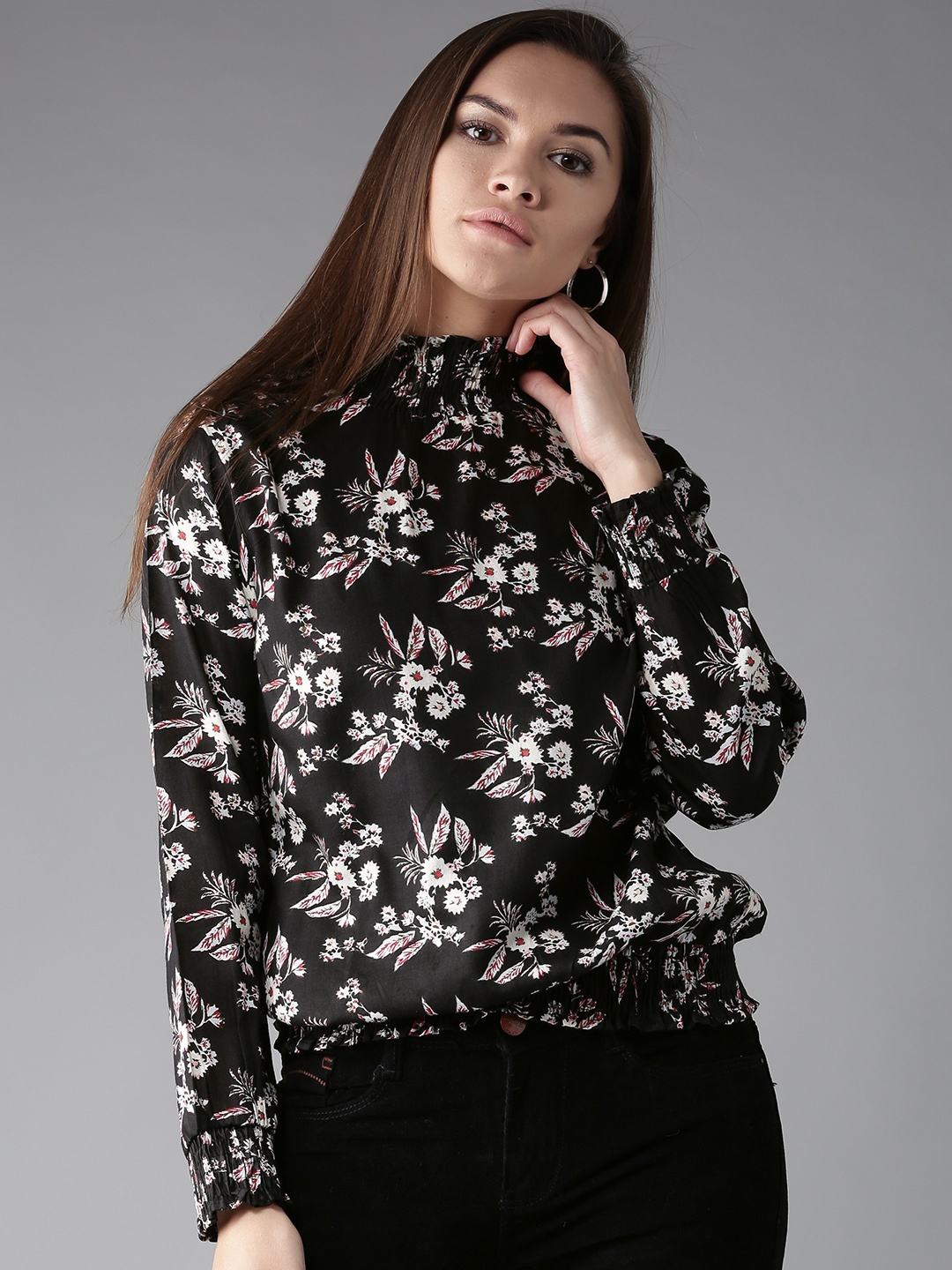 

HERE&NOW Women Black Printed Blouson Top