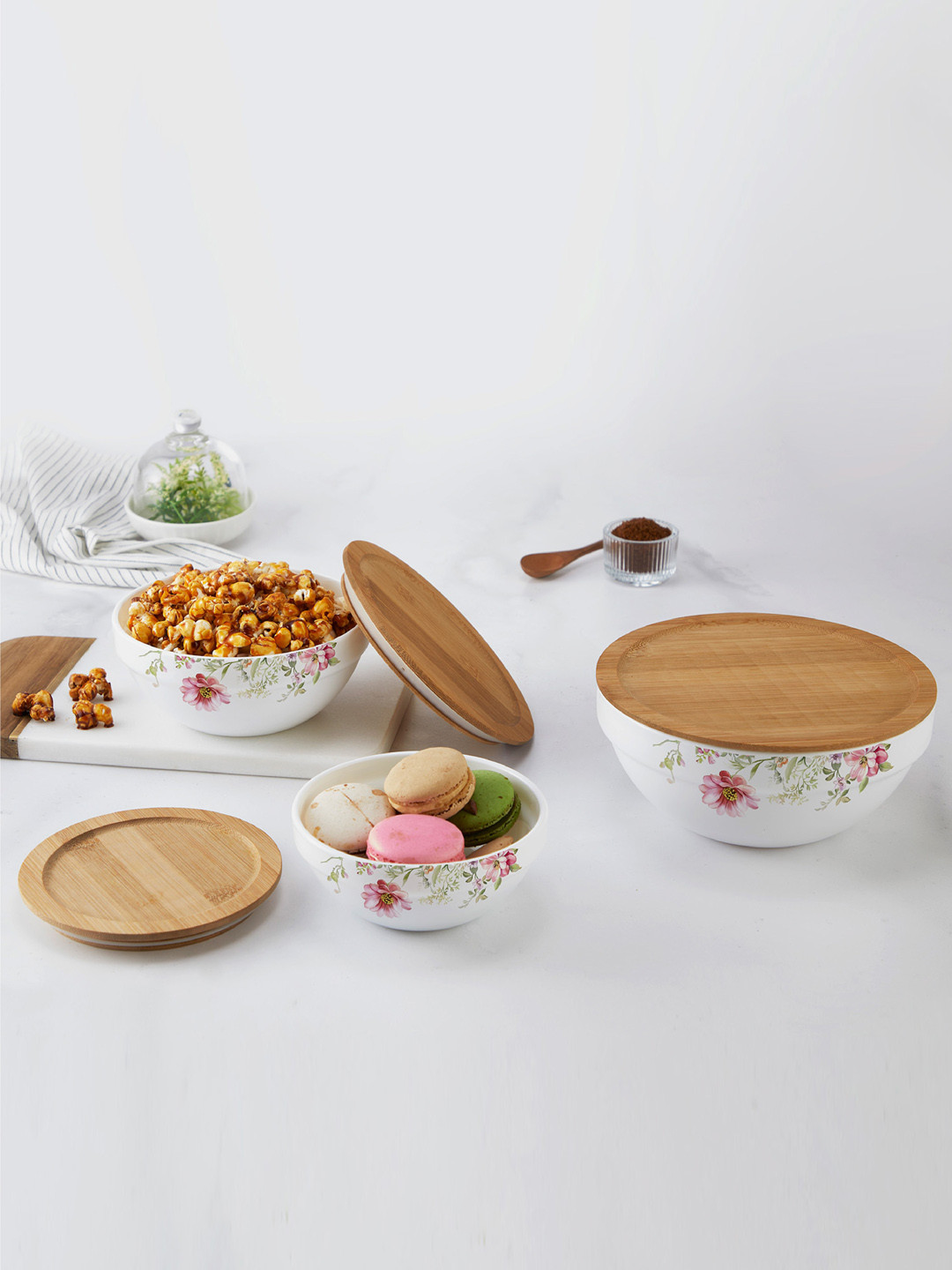 

Cello Opalware Royale 3-Pieces White Mixing Bowl with Bamboo Lid 500ml 1L & 1.5L