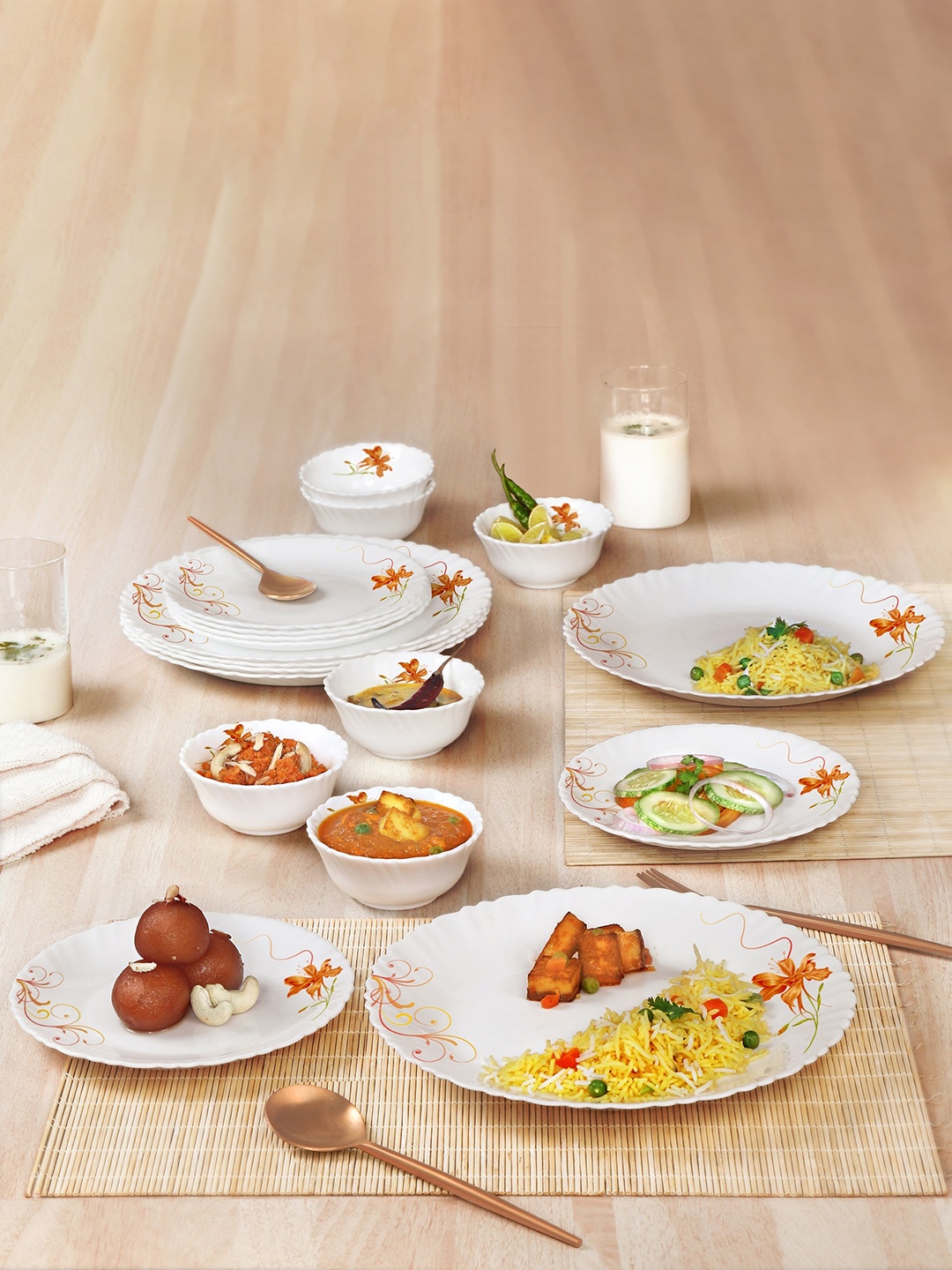 

Cello Opalware Dazzle 18 Pieces Orange Lily Dinner Set, White