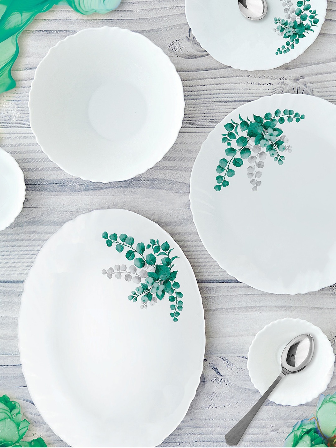 

Cello Imperial 19 Pcs Aqua Leaves Opalware Dinner Set, White