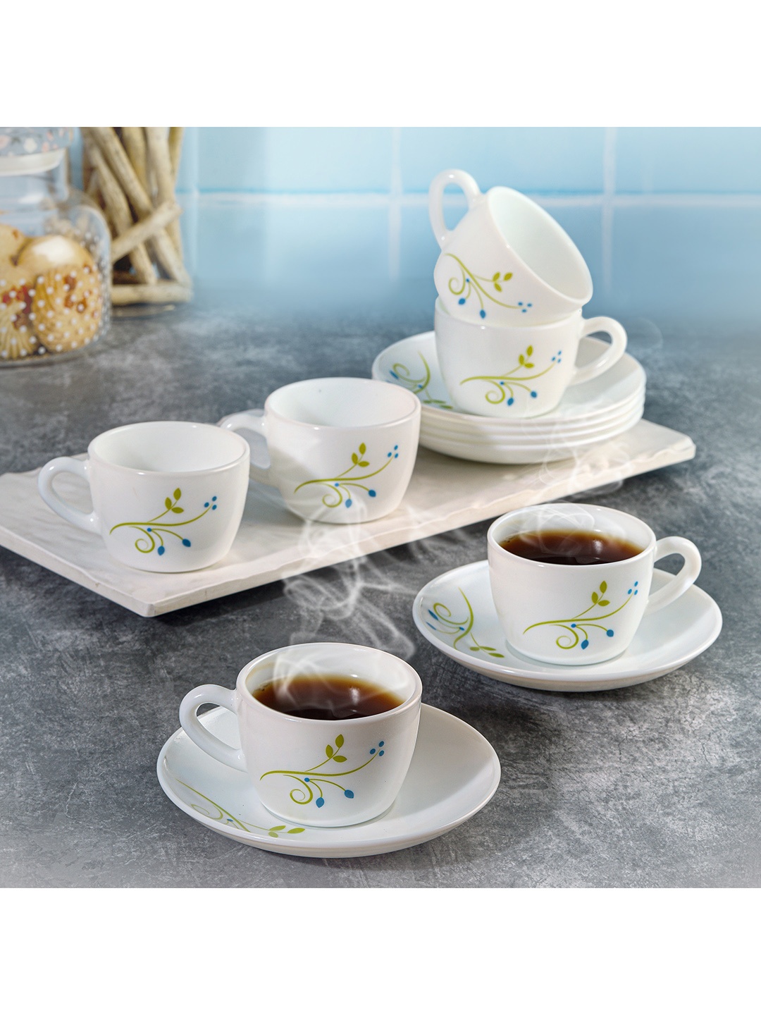 

Cello Dazzle Set of 12 White Tropical Lagoon Queen Opalware Cup & Saucers-130ml