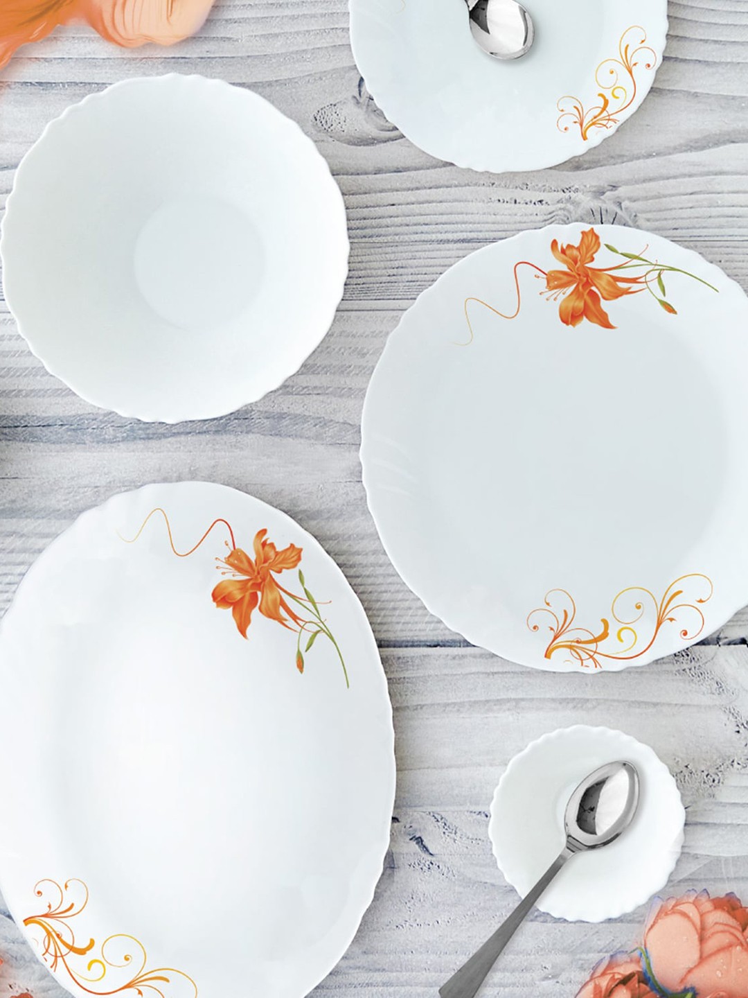 

Cello White & 10 Pieces Floral Printed Opalware Glossy Dinner Set