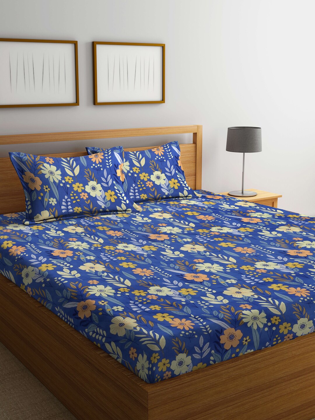 

FABINALIV Blue & Yellow Floral Print 300 TC Super King Size Bedsheet with 2 Pillow Covers
