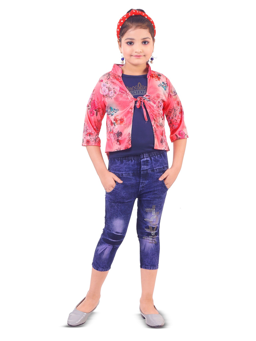 

BAESD Girls Printed Top With Capris Comes With Jacket, Red