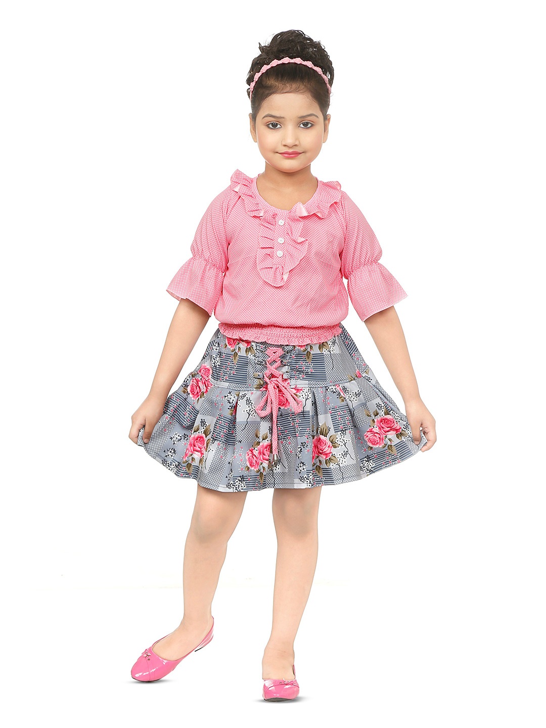 

BAESD Girls Printed Top With Skirt, Pink