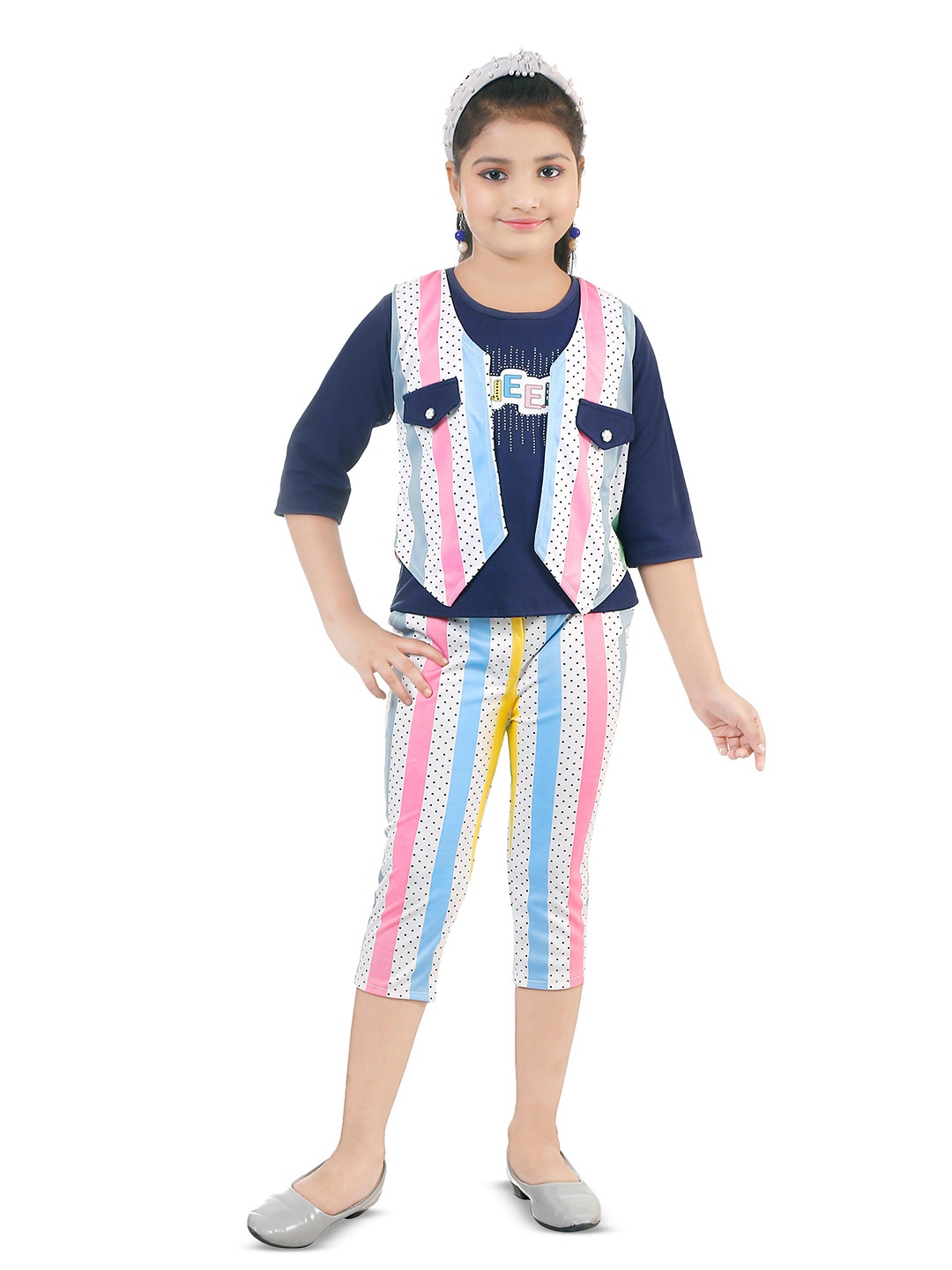 

BAESD Girls Printed T-shirt With Striped Capris Comes With Waistcoat, Navy blue