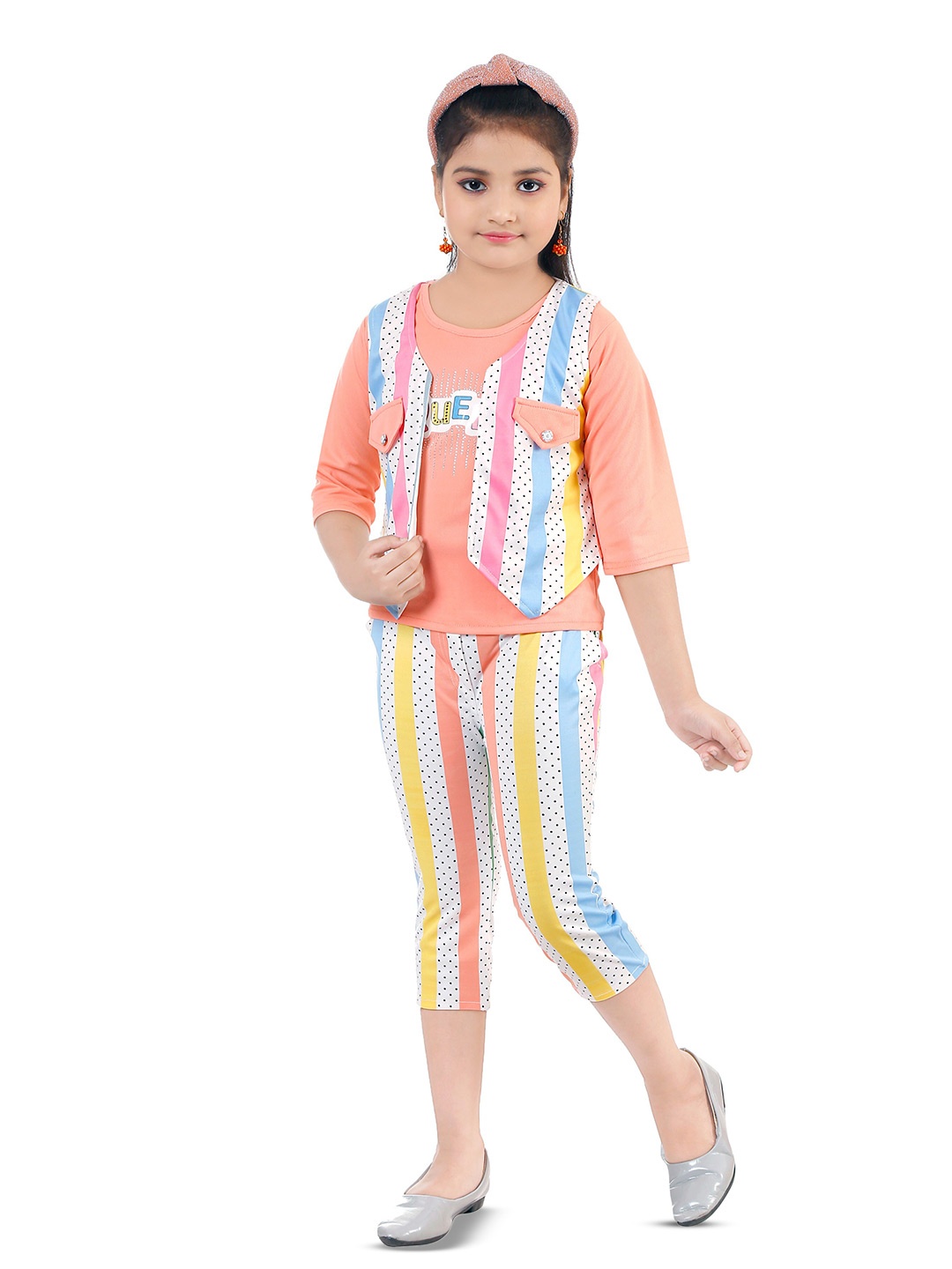 

BAESD Girls Striped Top With Capris & Waistcoat, Peach