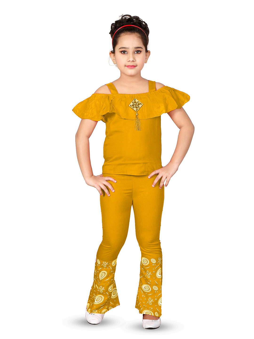 

BAESD Girls Cold-Shoulder Top With Printed Bootcut Trousers, Mustard