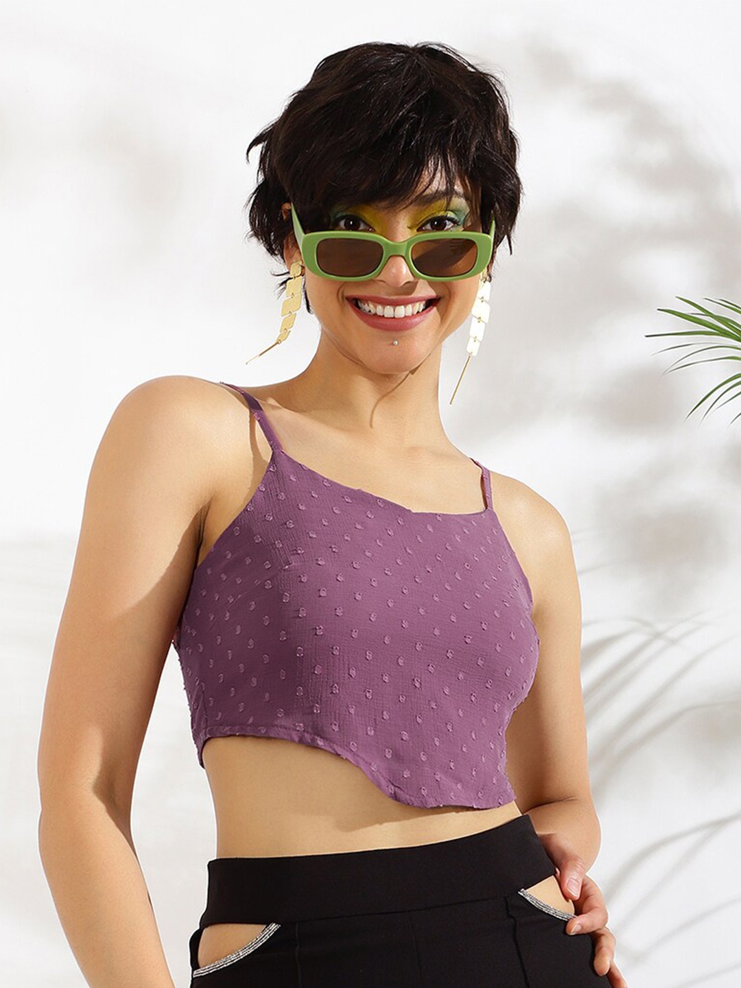 

KASSUALLY Mauve Self Design Smocking Fitted Crop Top