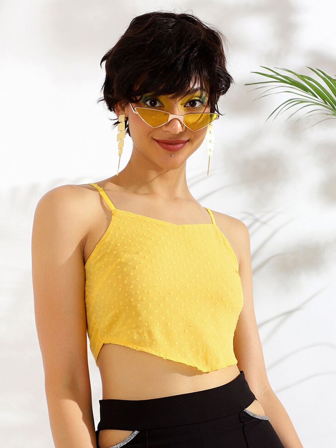 

KASSUALLY Yellow Self Design Smocking Fitted Crop Top