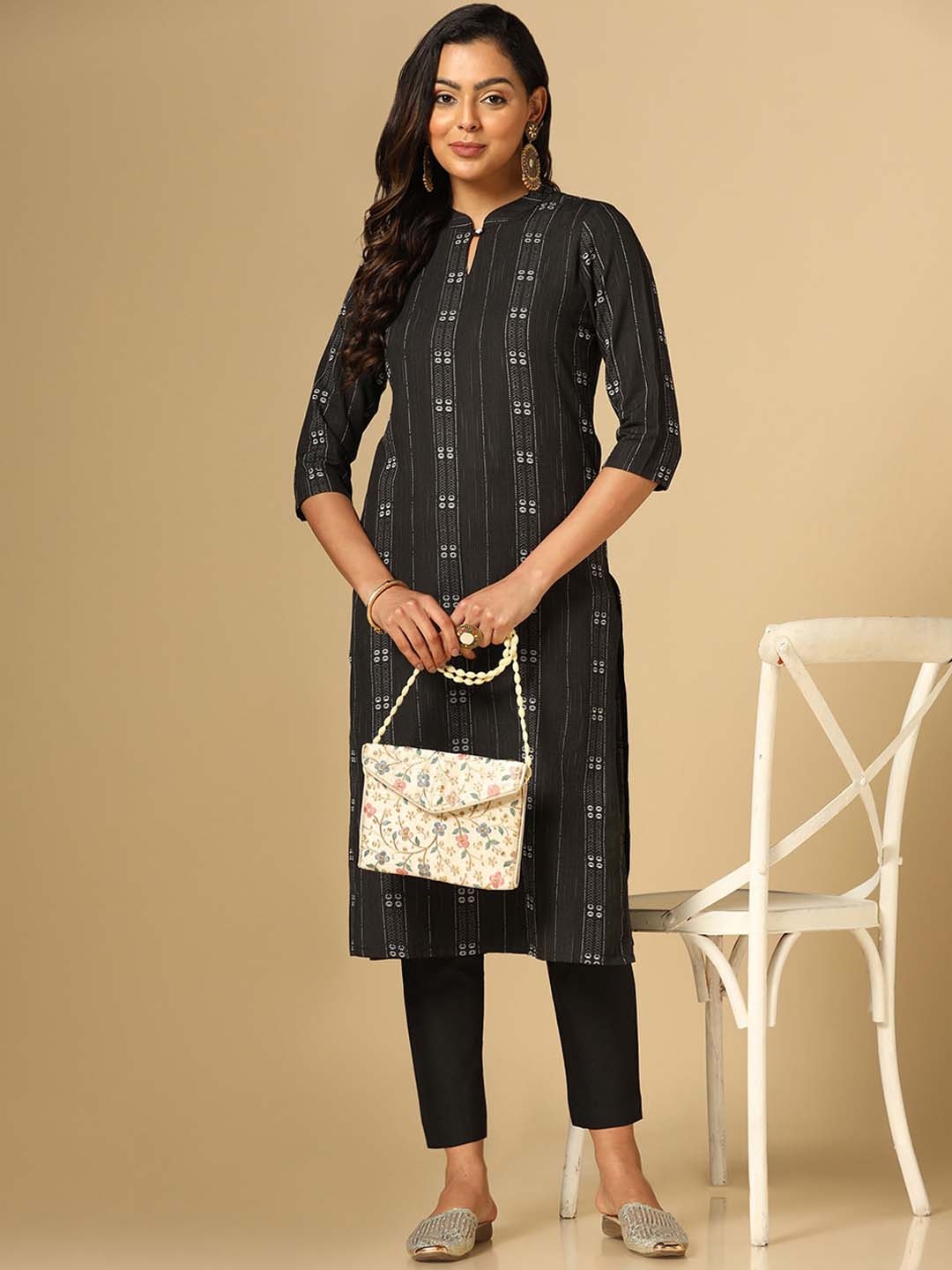 

KALINI Ethnic Motif Regular Kurta with Trousers, Black