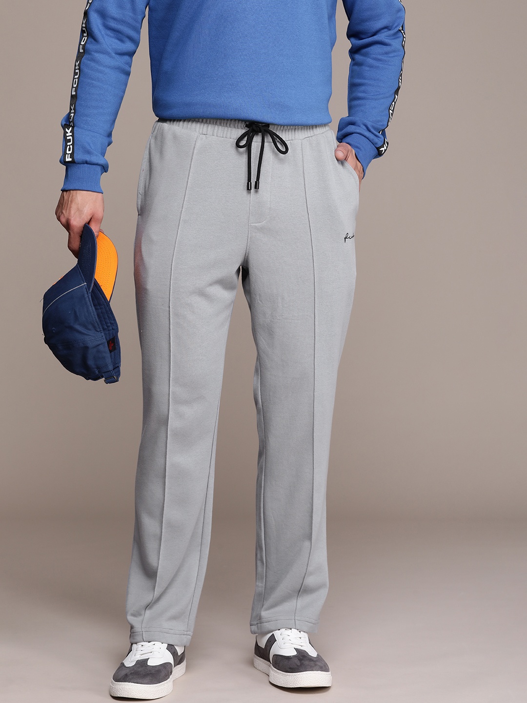 

FCUK Men Mid-Rise Solid Regular Track Pants, Grey