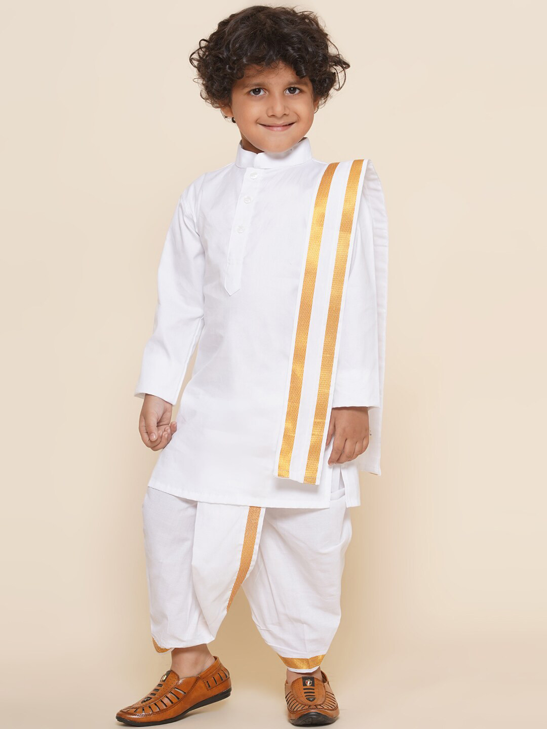 

Sethukrishna Boys Mandarin Collar Pure Cotton Kurta with Dhoti Pants & With Dupatta, White