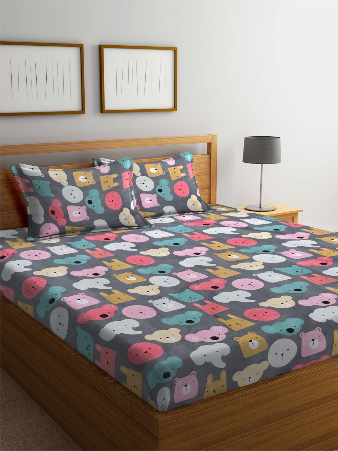 

FABINALIV Blue & Pink Cartoon Print 300 TC King Size Bedsheet & 2 Pillow Covers