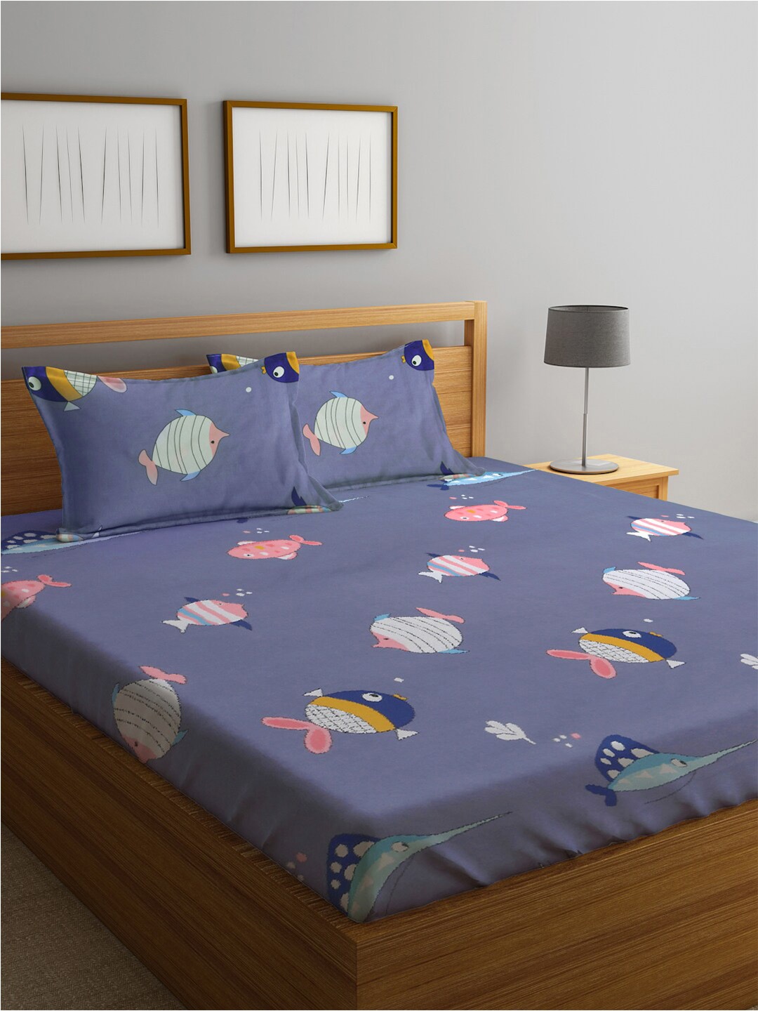 

FABINALIV Blue & Pink Cartoon Print 300 TC King Size Bedsheet & 2 Pillow Covers