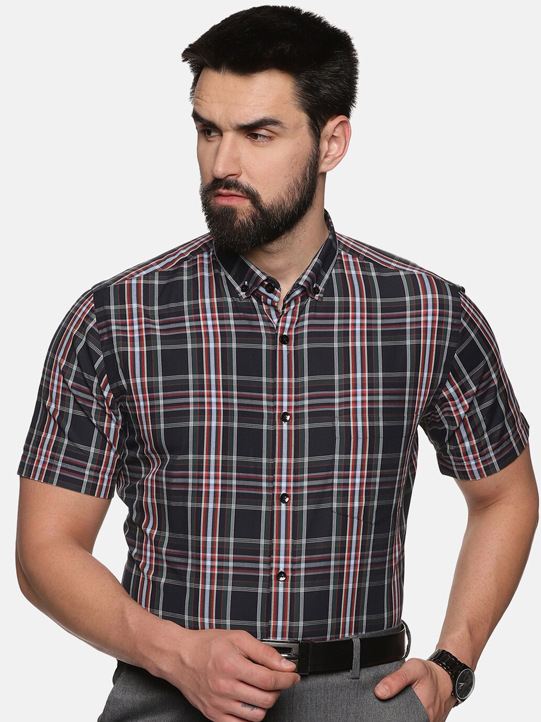 

DON VINO Tartan Checked Short Sleeves Button Down Collar Cotton Formal Shirt, Black
