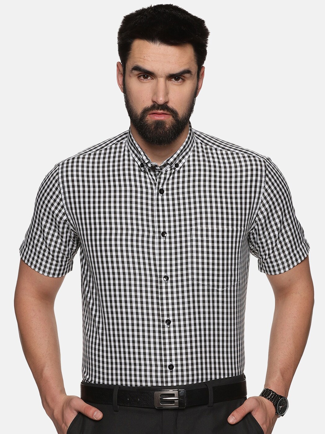 

DON VINO Gingham Checked Cotton Formal Shirt, Black