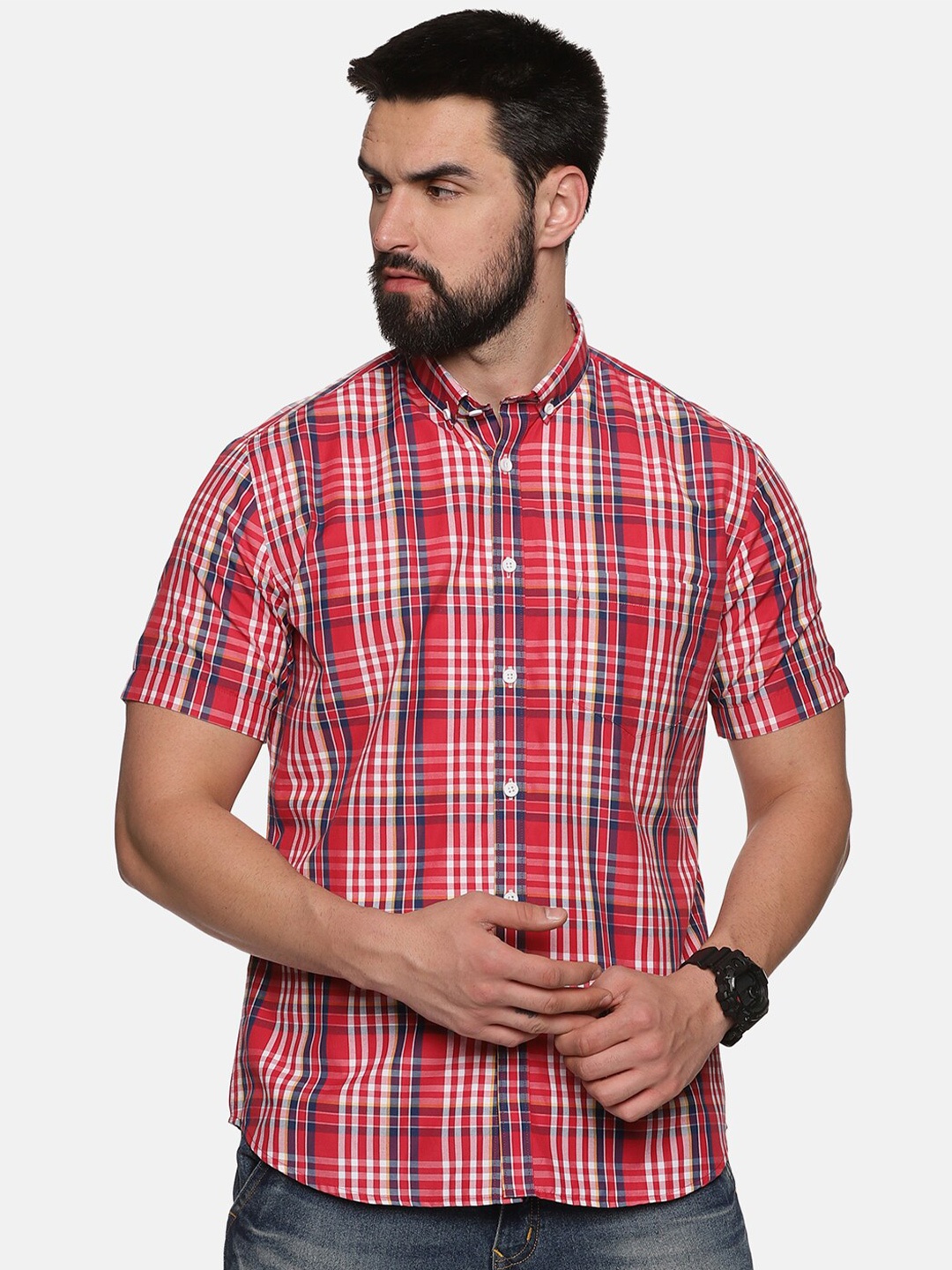 

DON VINO Tartan Checked Short Sleeves Button Down Collar Cotton Casual Shirt, Red