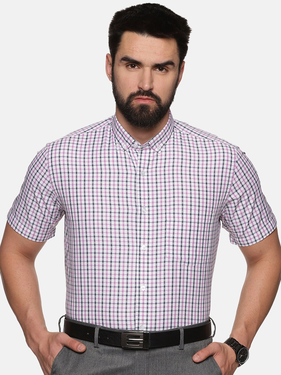 

DON VINO Checked Short Sleeves Button Down Collar Cotton Formal Shirt, White