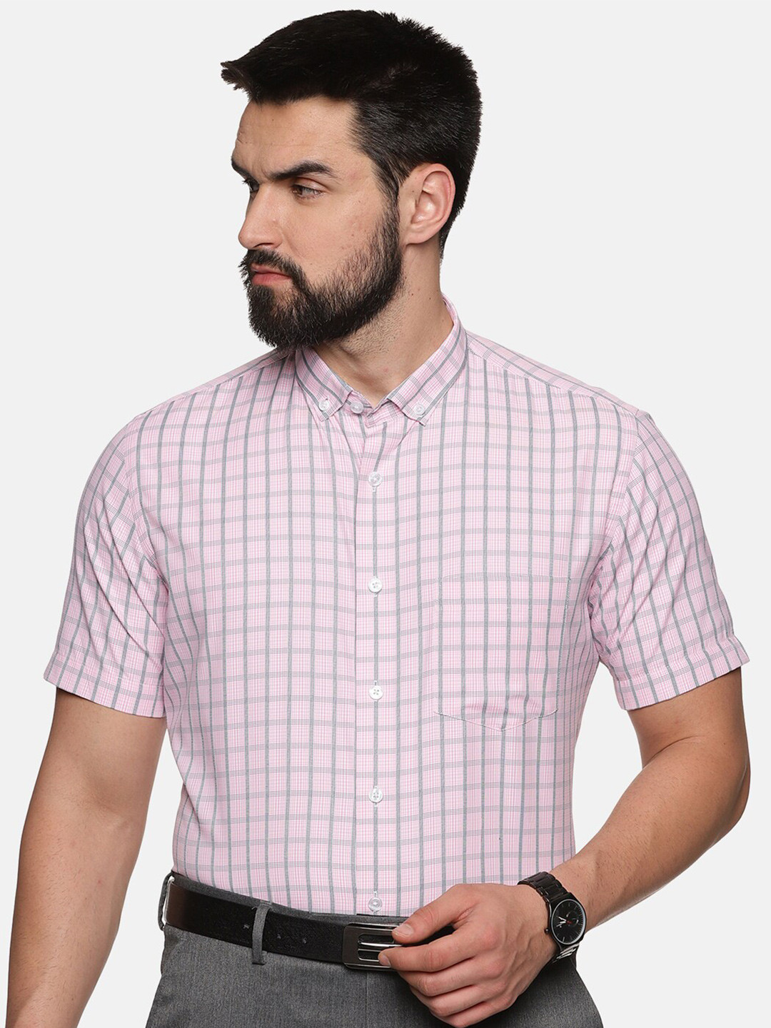 

DON VINO Checked Short Sleeves Button Down Collar Cotton Formal Shirt, Pink