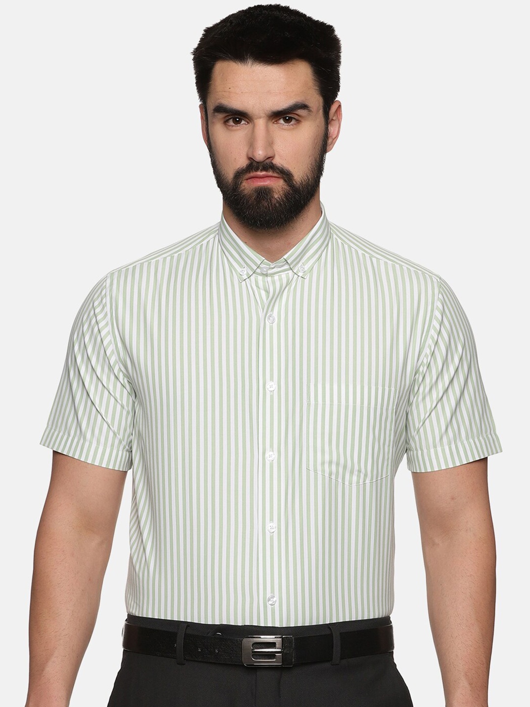 

DON VINO Striped Short Sleeves Button Down Collar Cotton Formal Shirt, Green