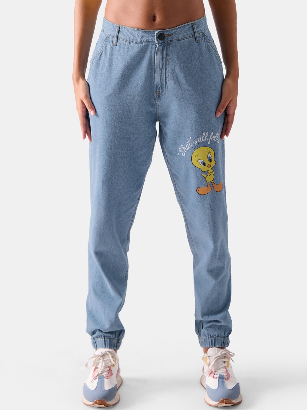 

The Souled Store Women Blue Tweety Graphic Printed Pure Cotton Joggers