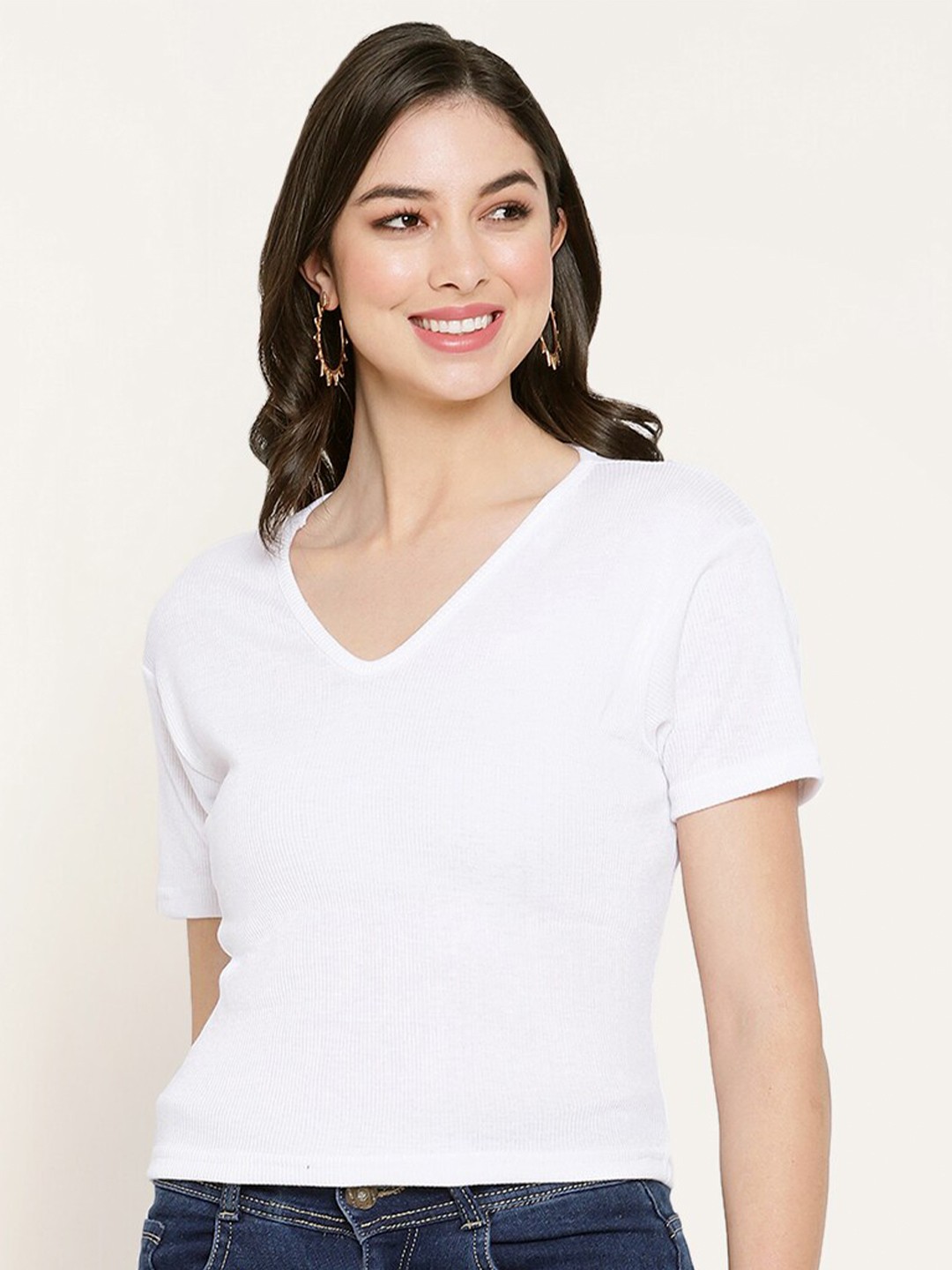 

Miaz Lifestyle Ribbed V-Neck Organic Cotton Top, White