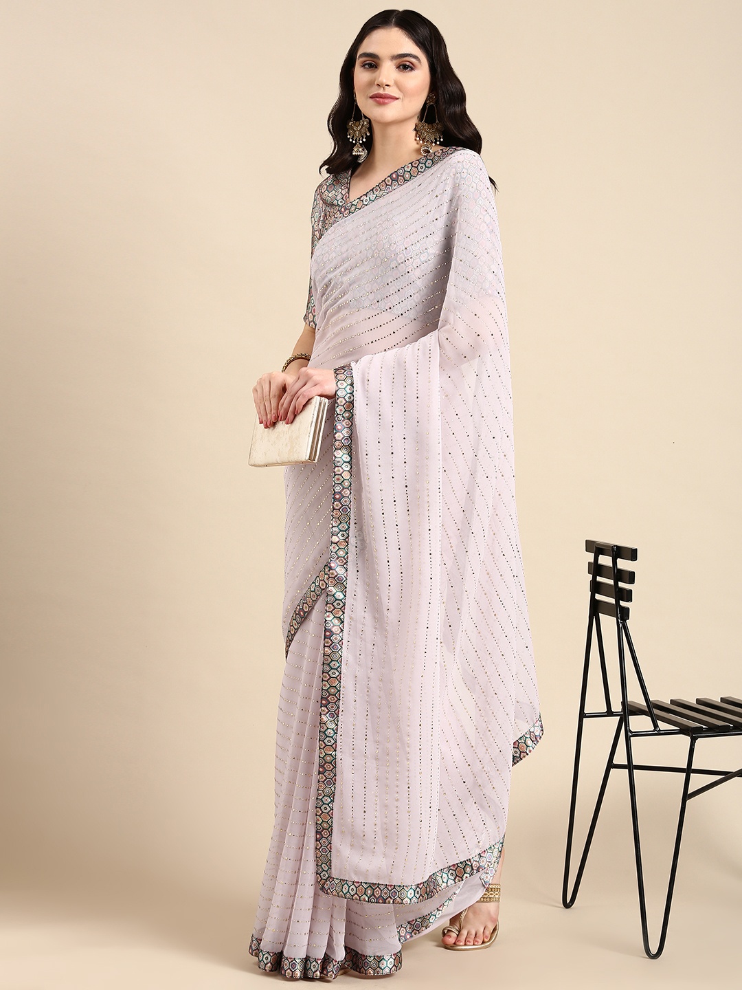 

Mitera Embellished Beads & Stones Pure Georgette Heavy Work Saree, Pink