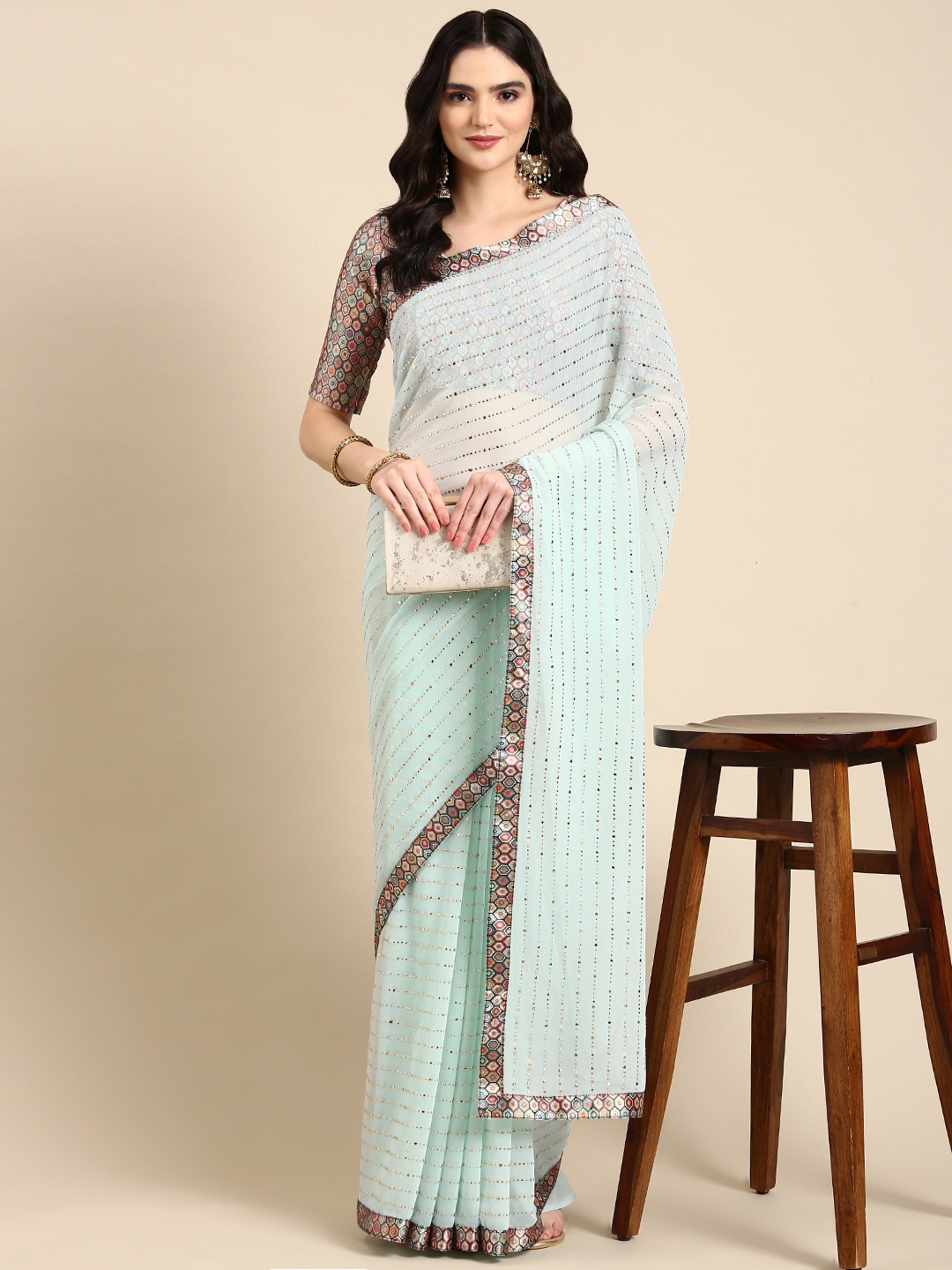 

Mitera Embellished Beads & Stones Pure Georgette Heavy Work Saree, Sea green
