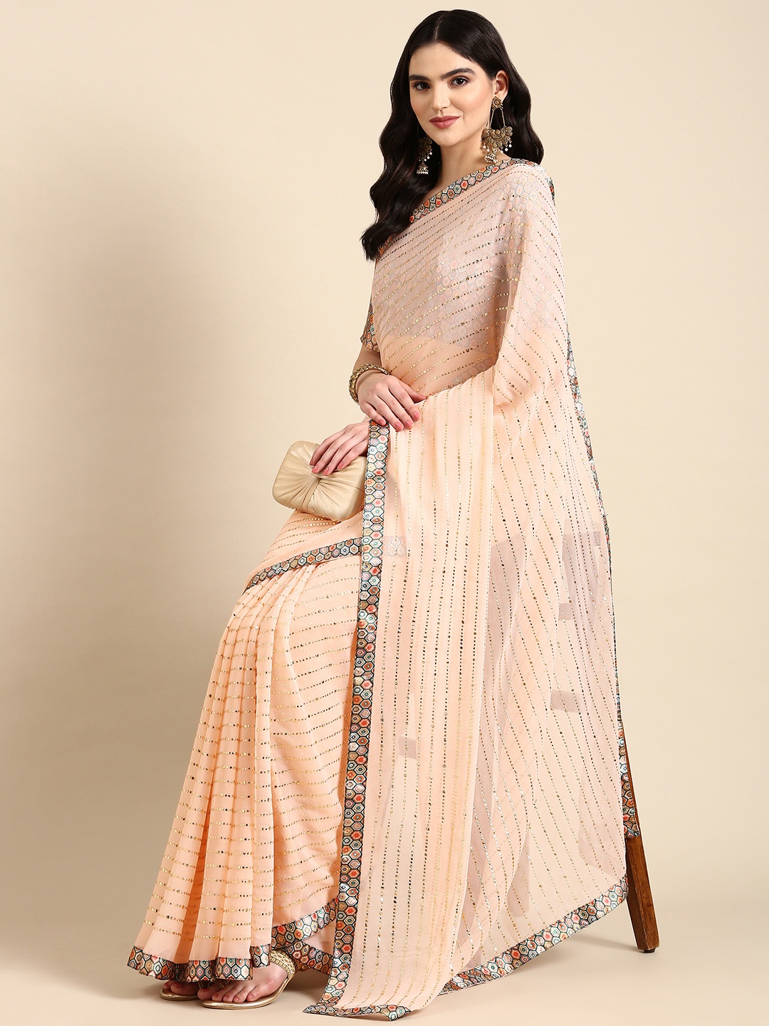

Mitera Embellished Beads & Stones Pure Georgette Heavy Work Saree, Peach