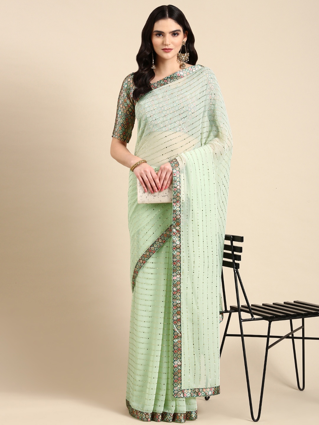 Mitera Embellished Beads & Stones Pure Georgette Heavy Work Saree, Sea green