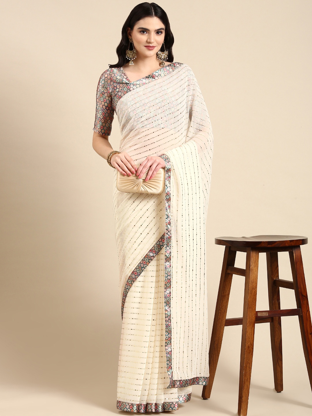 

Mitera Embellished Beads & Stones Pure Georgette Heavy Work Saree, Off white
